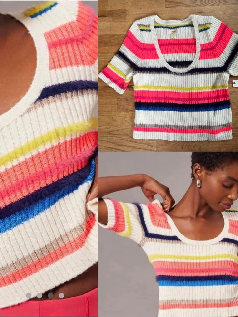 Anthropologie Maeve White Multi-Stripe Ribbed Scoop-Neck Sweater, NWT, sz XL
